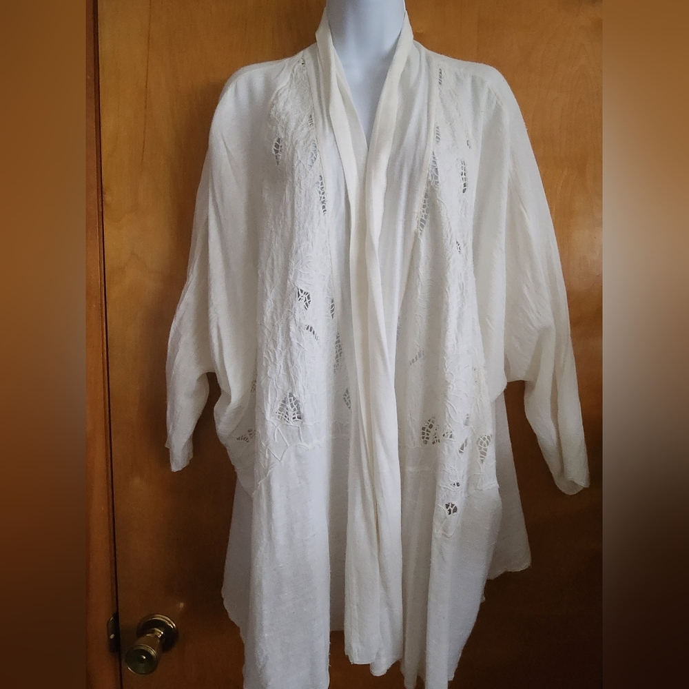 Free People Cool Nights Embroidered Kimono Cardigan Ivory Cotton Blend Size L - Picture 7 of 16